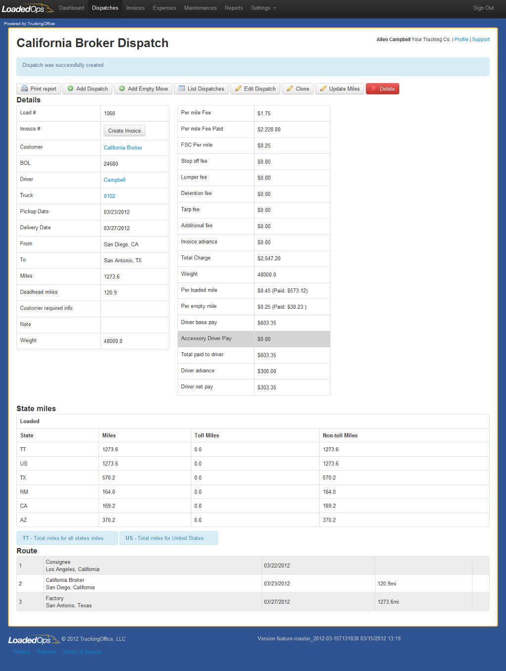 Trucking Software Dispatch View